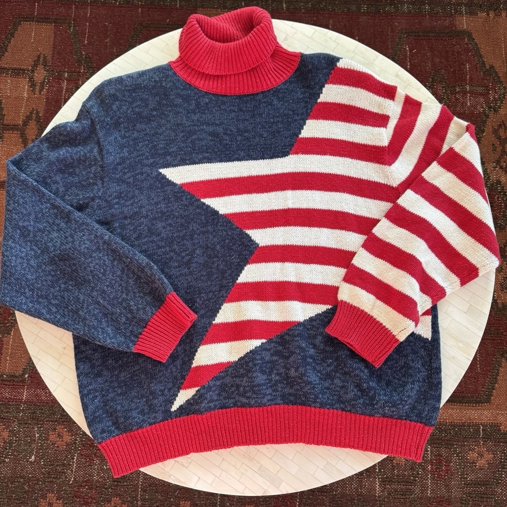 Vtg American Flag Stars‎ Stripes Ramie Cotton Sweater Intarsia Turtleneck Sz XL